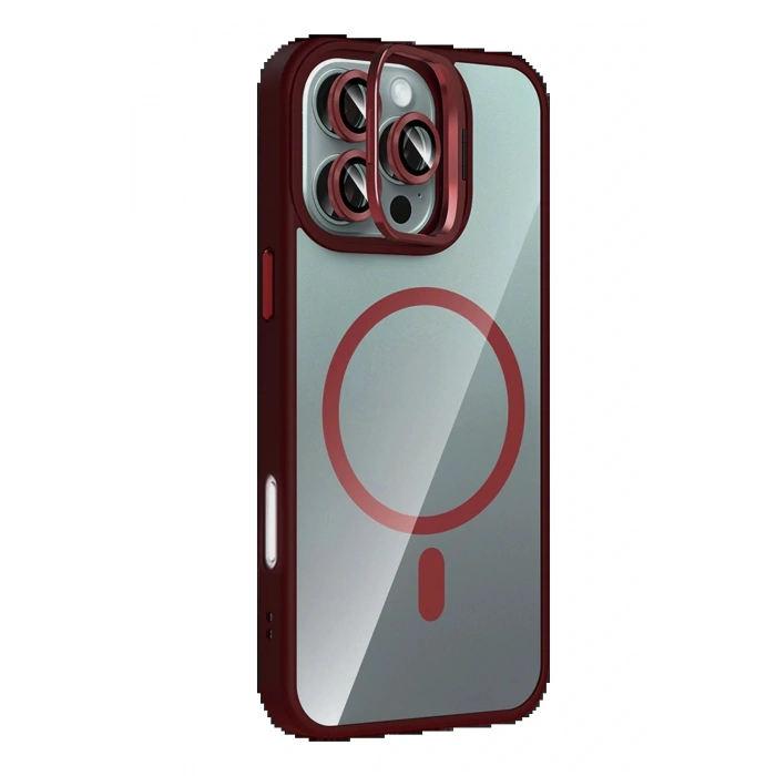 Apple iPhone 16 Pro Remim Lensli Magsafe Standlı Kapak - Bordo