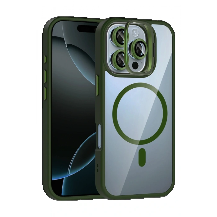 Apple iPhone 16 Pro Remim Lensli Magsafe Standlı Kapak - Koyu Yeşil