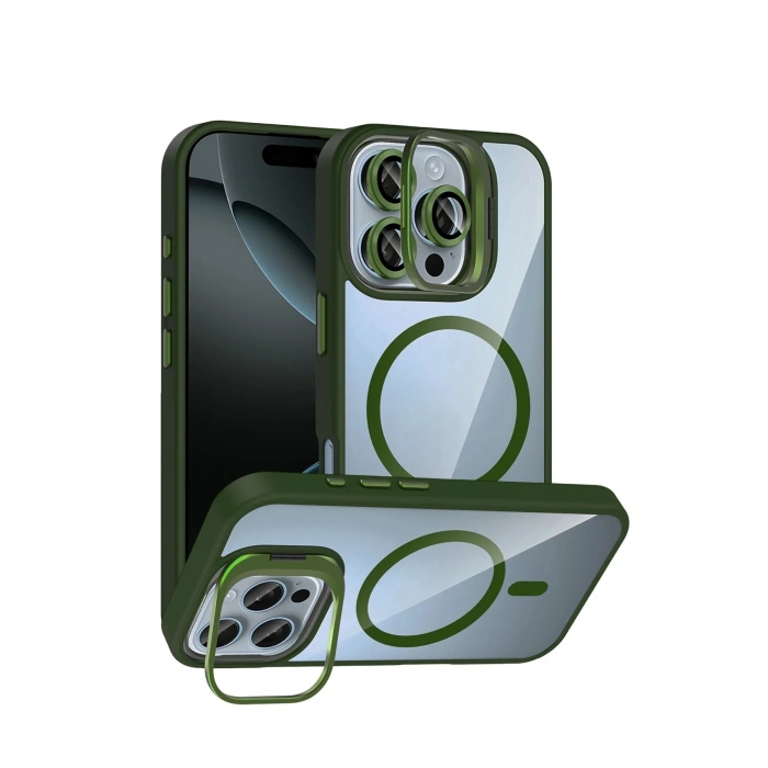 Apple iPhone 16 Pro Remim Lensli Magsafe Standlı Kapak - Koyu Yeşil