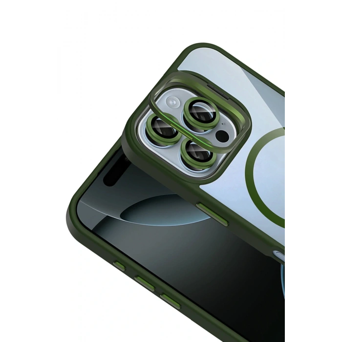 Apple iPhone 16 Pro Remim Lensli Magsafe Standlı Kapak - Koyu Yeşil