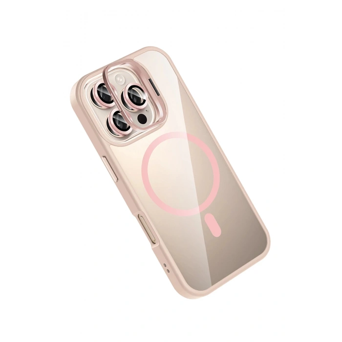 Apple iPhone 16 Pro Remim Lensli Magsafe Standlı Kapak - Pembe