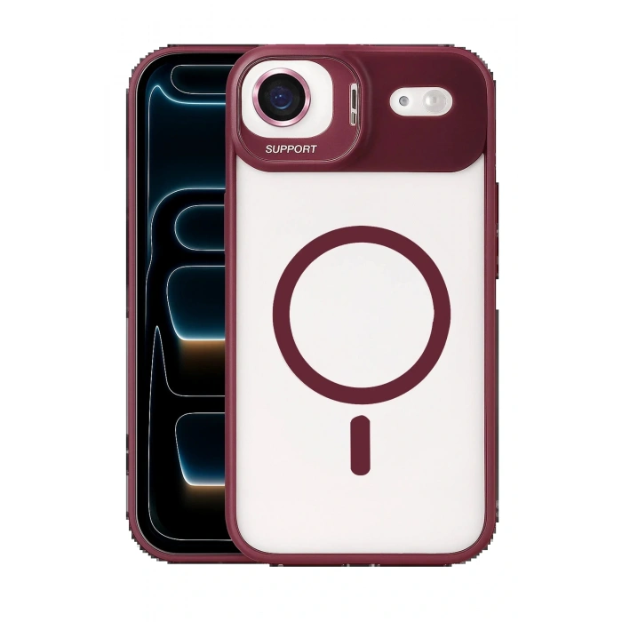 Apple iPhone 17 Air Remim Lensli Magsafe Standlı Kapak - Bordo