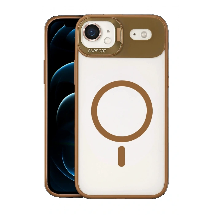 Apple iPhone 17 Air Remim Lensli Magsafe Standlı Kapak - Kahverengi