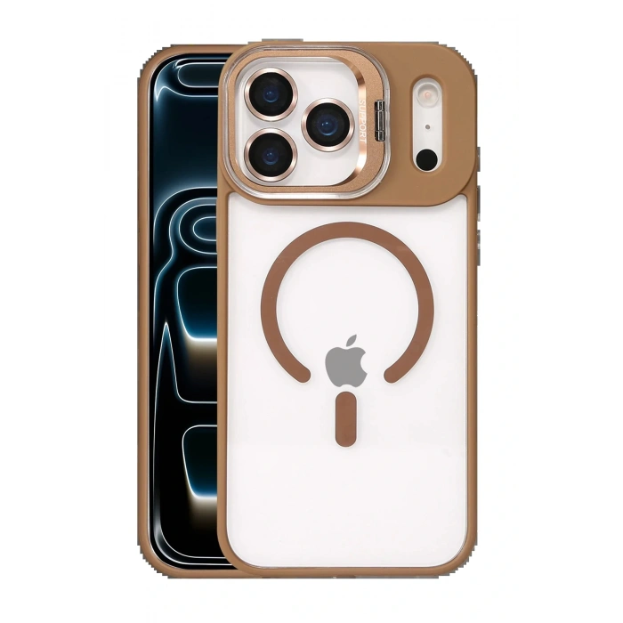 Apple iPhone 17 Pro Max Remim Lensli Magsafe Standlı Kapak - Kahverengi