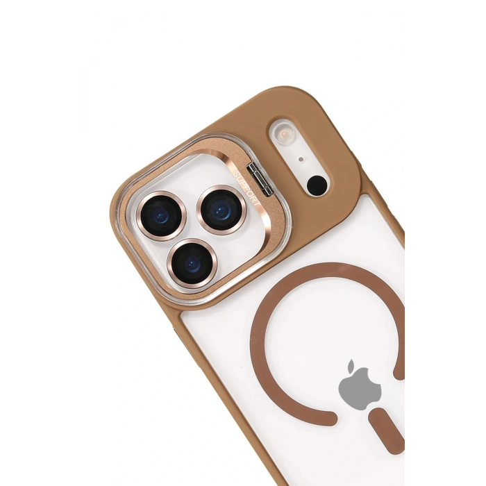 Apple iPhone 17 Pro Max Remim Lensli Magsafe Standlı Kapak - Kahverengi