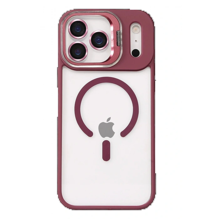 Apple iPhone 17 Pro Remim Lensli Magsafe Standlı Kapak - Bordo