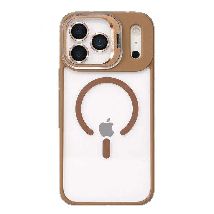 Apple iPhone 17 Pro Remim Lensli Magsafe Standlı Kapak - Kahverengi