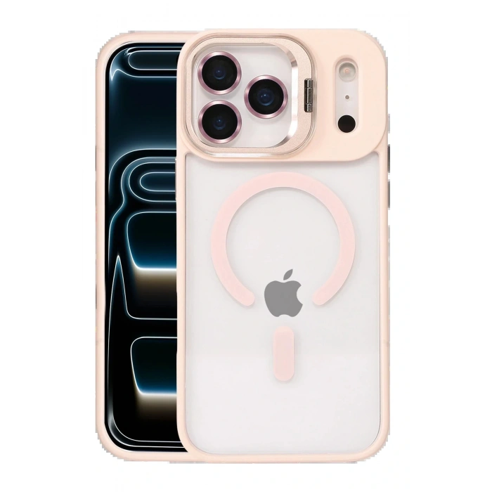 Apple iPhone 17 Pro Remim Lensli Magsafe Standlı Kapak - Pembe