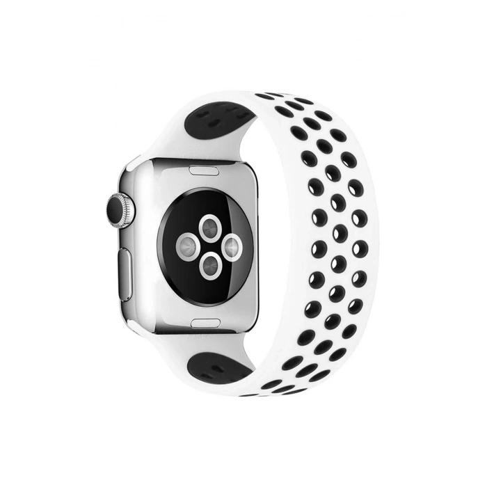 Apple Watch 38mm Ayarlı Delikli Silikon Kordon - Beyaz-Siyah
