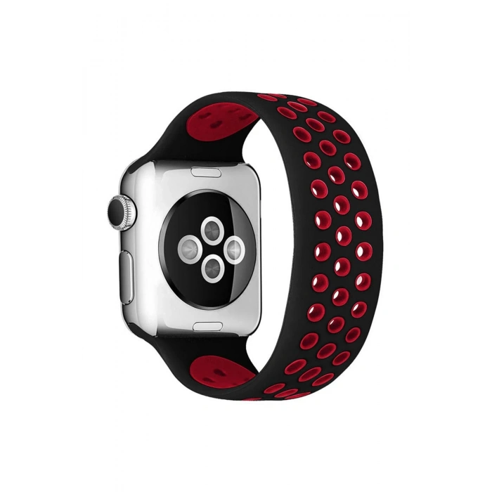 Apple Watch 38mm Ayarlı Delikli Silikon Kordon - Siyah-Kırmızı