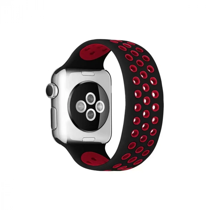 Apple Watch 38mm Ayarlı Delikli Silikon Kordon - Siyah-Kırmızı