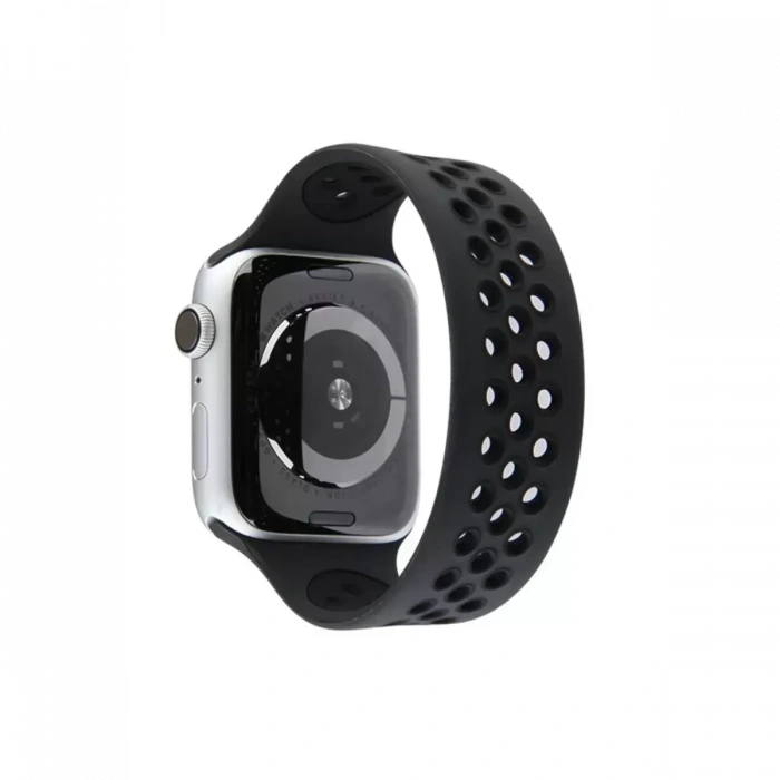 Apple Watch 38mm Ayarlı Delikli Silikon Kordon - Siyah-Siyah