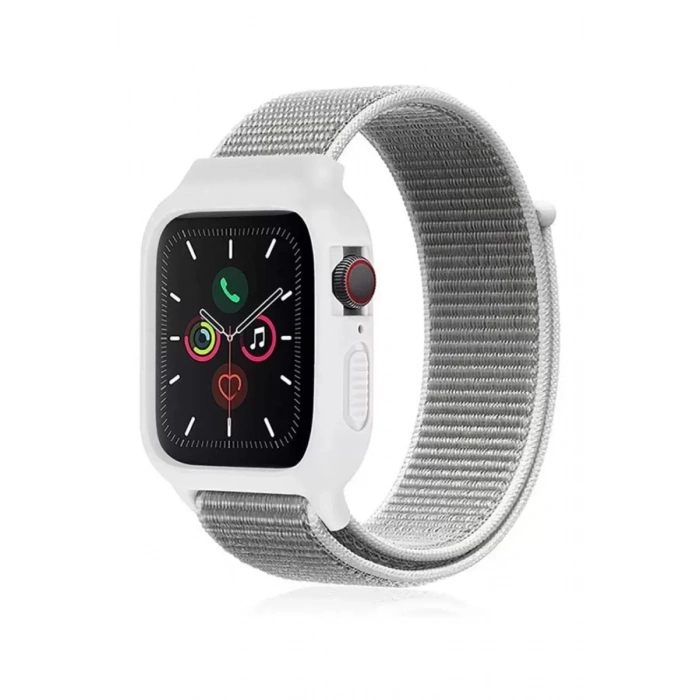 Apple Watch 38mm Hasırlı Cırtcırtlı Kasalı Kordon - Beyaz