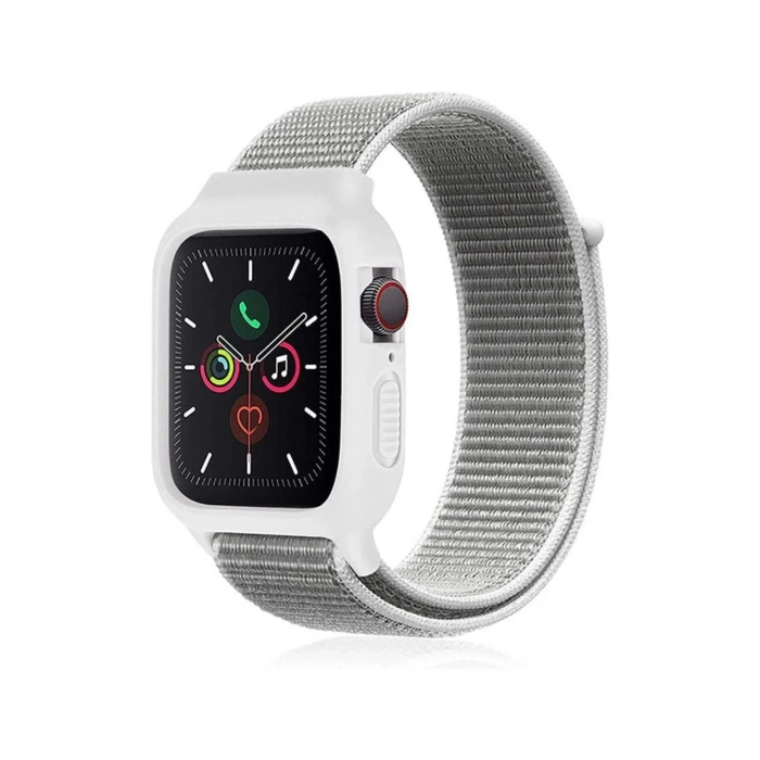 Apple Watch 38mm Hasırlı Cırtcırtlı Kasalı Kordon - Beyaz