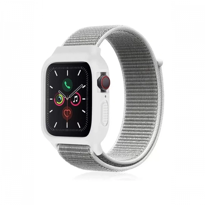 Apple Watch 38mm Hasırlı Cırtcırtlı Kasalı Kordon - Beyaz