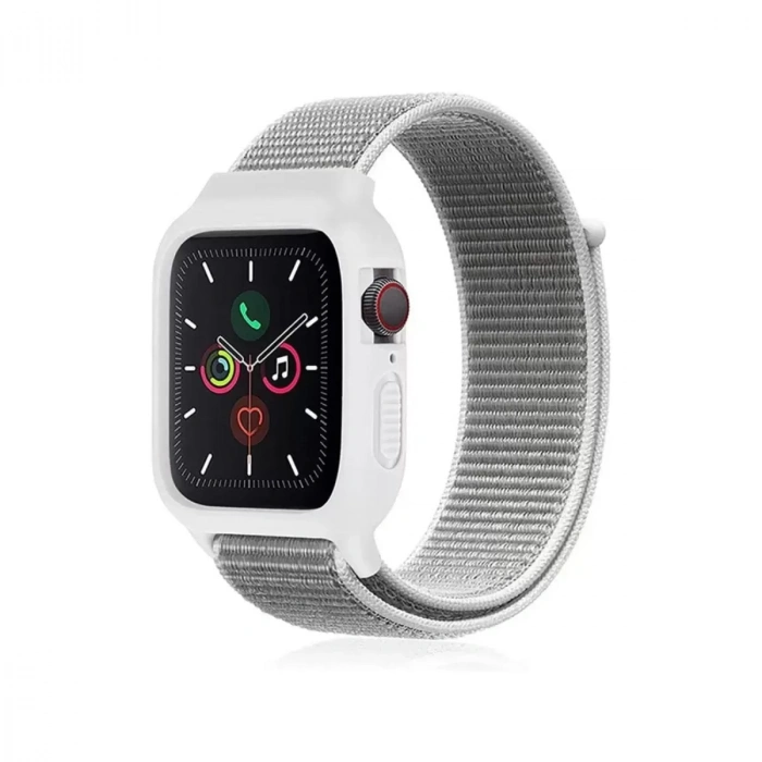Apple Watch 38mm Hasırlı Cırtcırtlı Kasalı Kordon - Beyaz