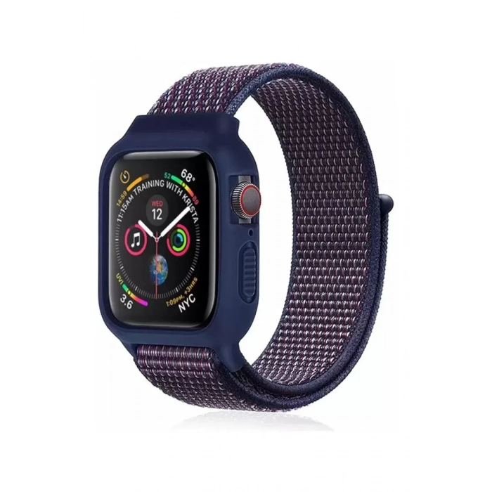 Apple Watch 38mm Hasırlı Cırtcırtlı Kasalı Kordon - Lacivert-Mürdüm