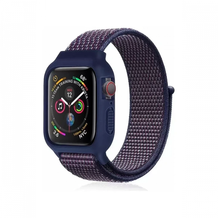 Apple Watch 38mm Hasırlı Cırtcırtlı Kasalı Kordon - Lacivert-Mürdüm