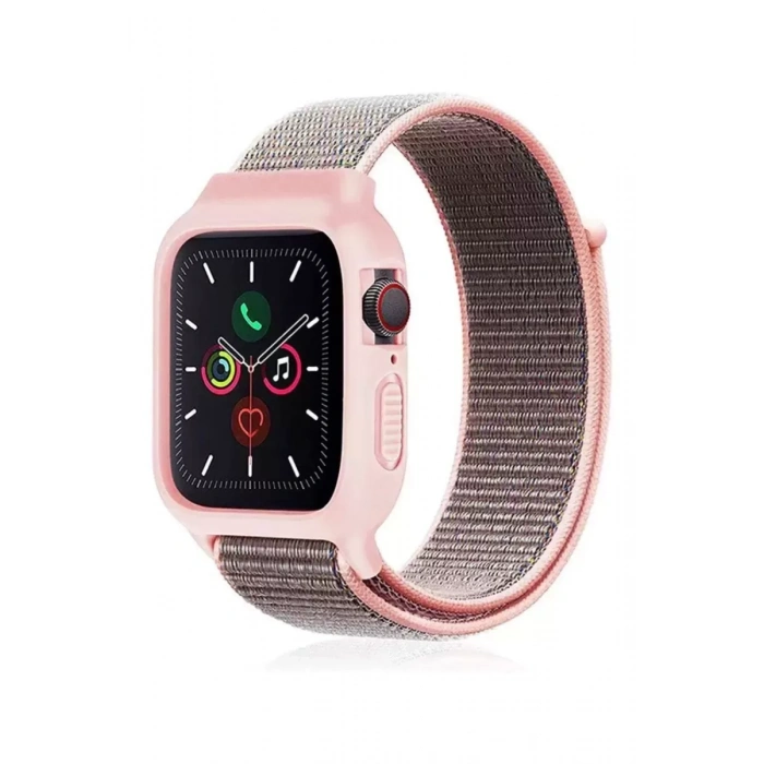 Apple Watch 38mm Hasırlı Cırtcırtlı Kasalı Kordon - Pembe