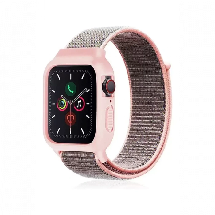 Apple Watch 38mm Hasırlı Cırtcırtlı Kasalı Kordon - Pembe