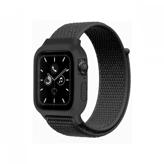 Apple Watch 38mm Hasırlı Cırtcırtlı Kasalı Kordon - Siyah
