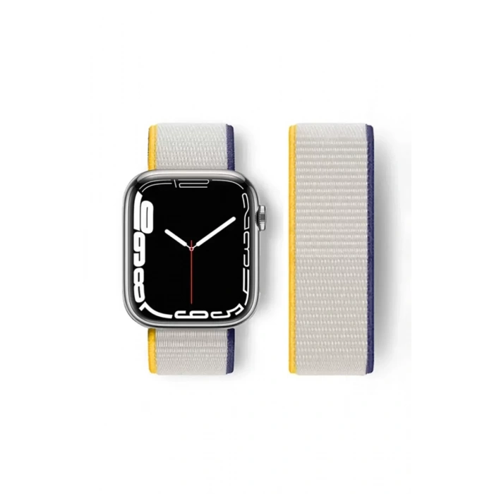 Apple Watch 38mm Hasırlı Cırtcırtlı Kordon - Sarı-Beyaz
