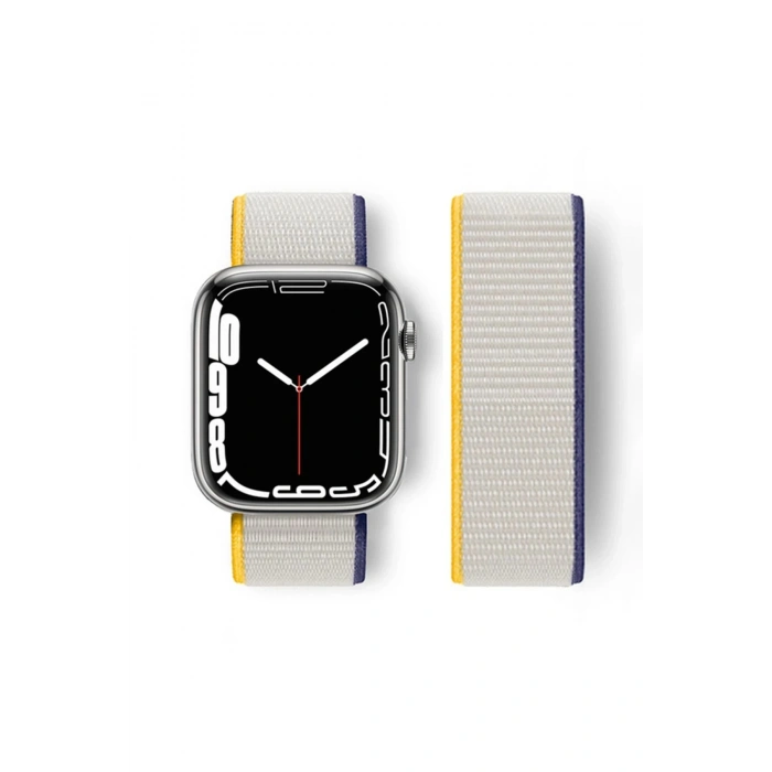 Apple Watch 38mm Hasırlı Cırtcırtlı Kordon - Sarı-Beyaz