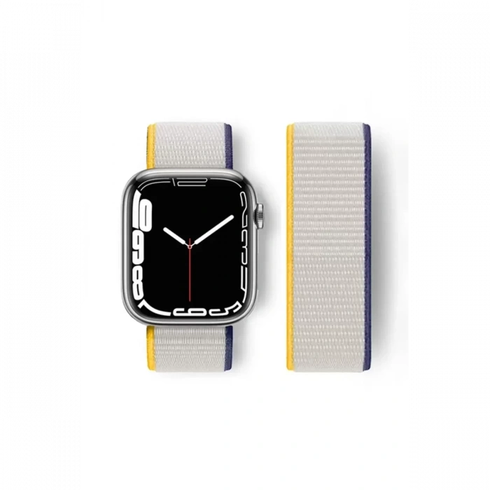 Apple Watch 38mm Hasırlı Cırtcırtlı Kordon - Sarı-Beyaz