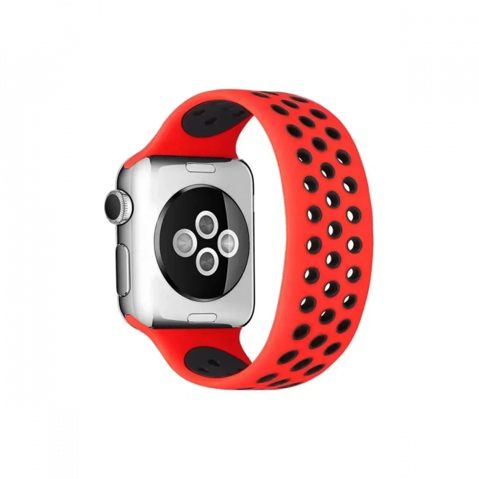 Apple Watch 42mm Ayarlı Delikli Silikon Kordon - Kırmızı-Siyah