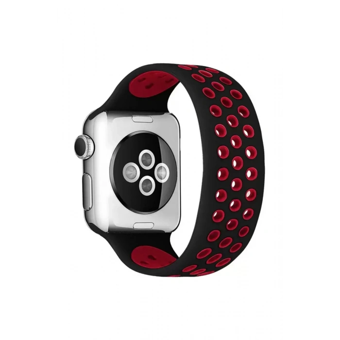 Apple Watch 42mm Ayarlı Delikli Silikon Kordon - Siyah-Kırmızı