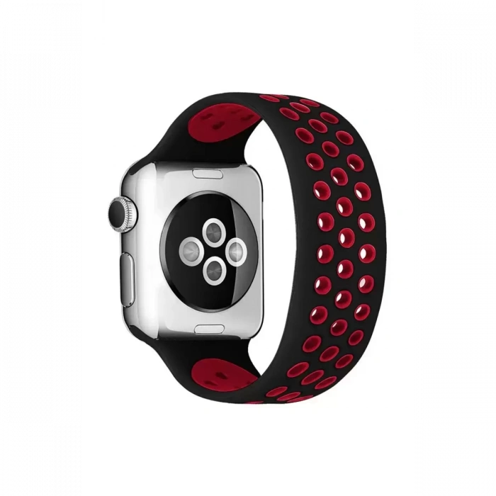 Apple Watch 42mm Ayarlı Delikli Silikon Kordon - Siyah-Kırmızı