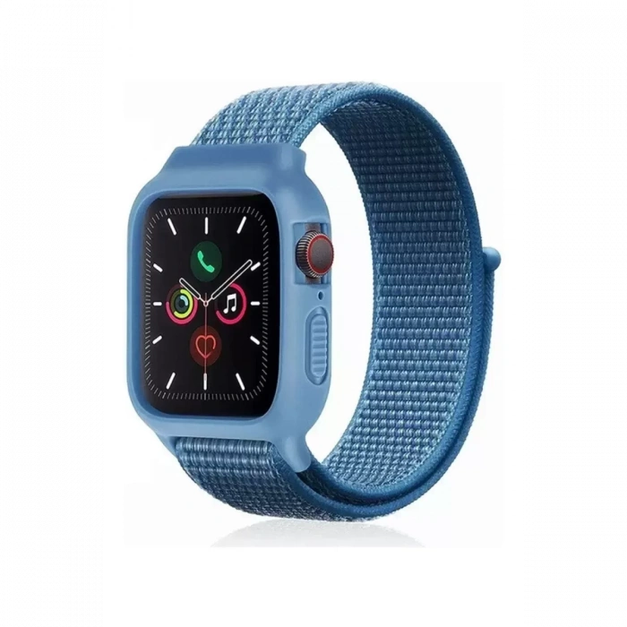 Apple Watch 42mm Hasırlı Cırtcırtlı Kasalı Kordon - Mavi