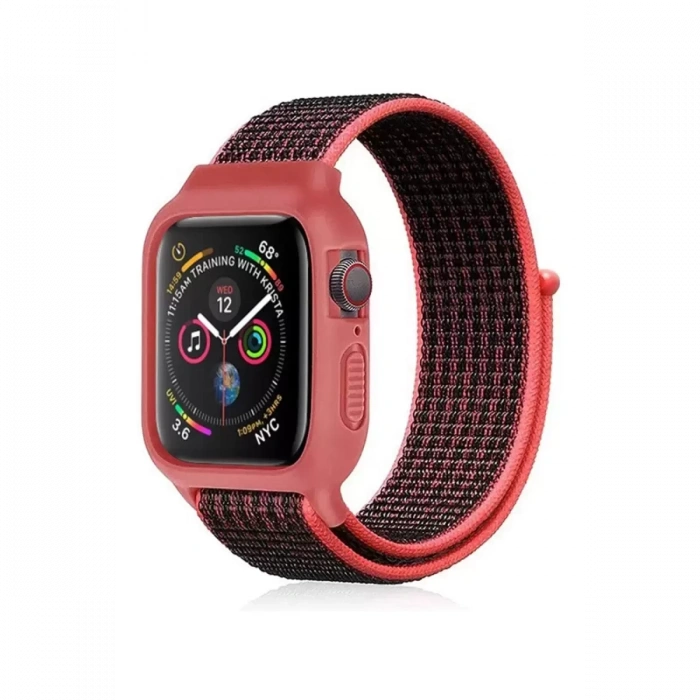 Apple Watch 42mm Hasırlı Cırtcırtlı Kasalı Kordon - Siyah-Pembe