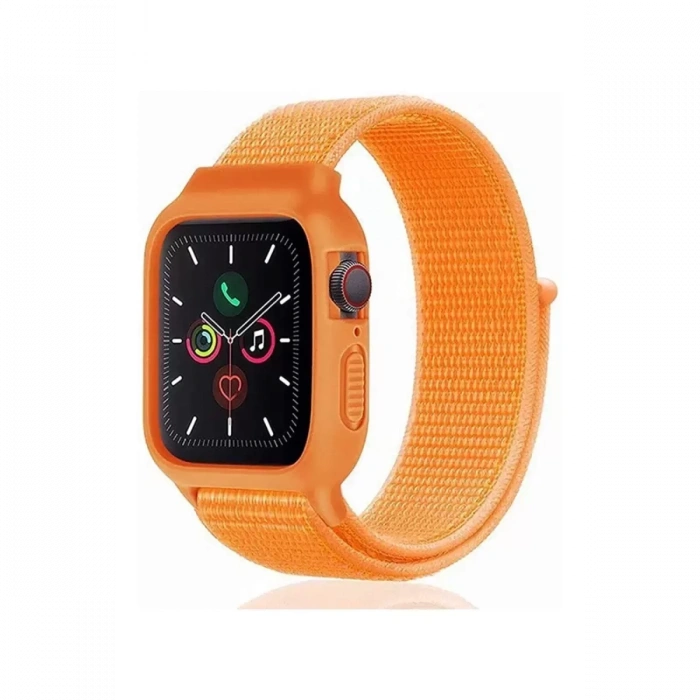 Apple Watch 42mm Hasırlı Cırtcırtlı Kasalı Kordon - Turuncu