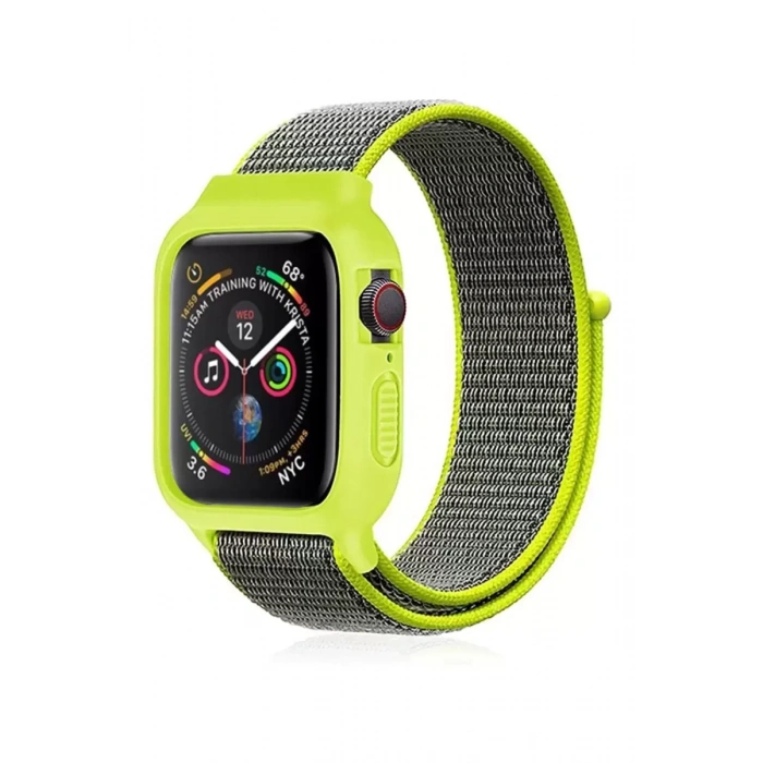 Apple Watch 42mm Hasırlı Cırtcırtlı Kasalı Kordon - Yeşil