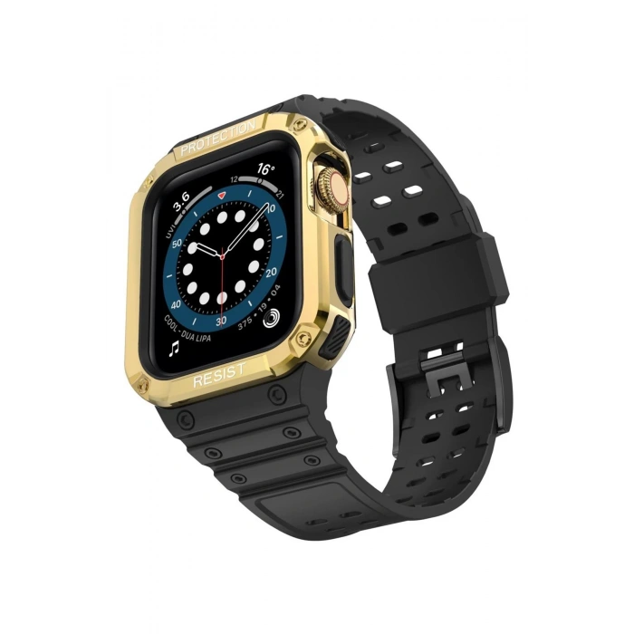 Apple Watch 42mm KR401 Silikon Kordon - Siyah-Gold