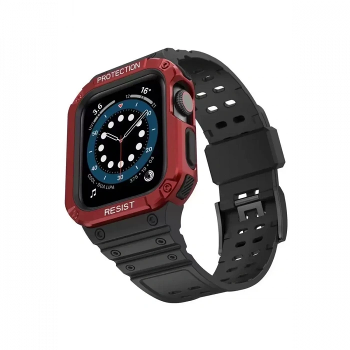 Apple Watch 42mm KR401 Silikon Kordon - Siyah-Kırmızı