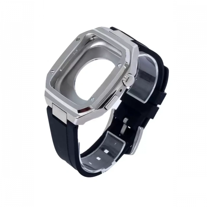 Apple Watch 44mm KR402 Metal Kasa Silikon Kordon - Gümüş