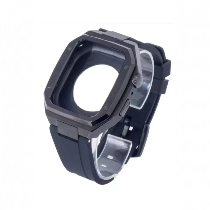 Apple Watch 44mm KR402 Metal Kasa Silikon Kordon - Siyah