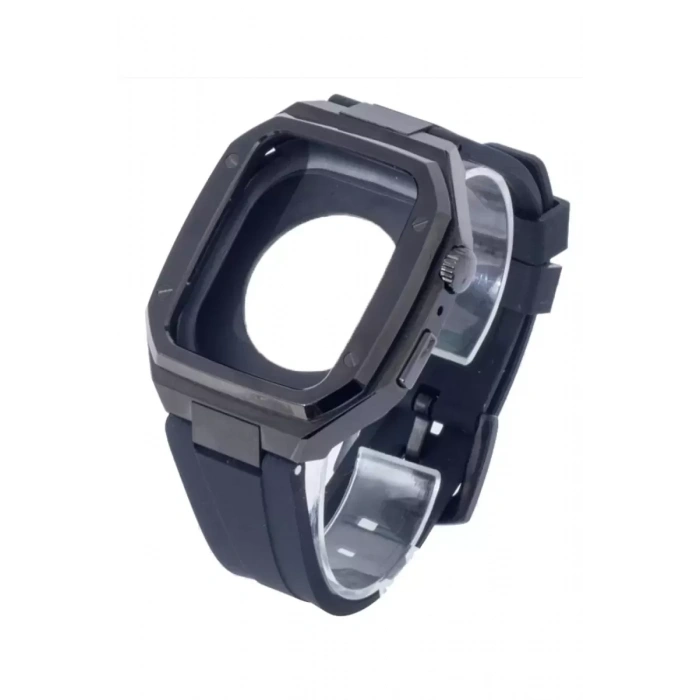 Apple Watch 45mm KR402 Metal Kasa Silikon Kordon - Siyah