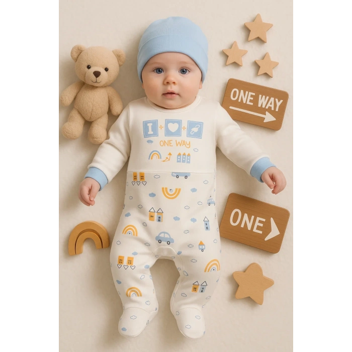Araba Desenli Mavi 2li Şapkalı Erkek Bebek Tulumu
