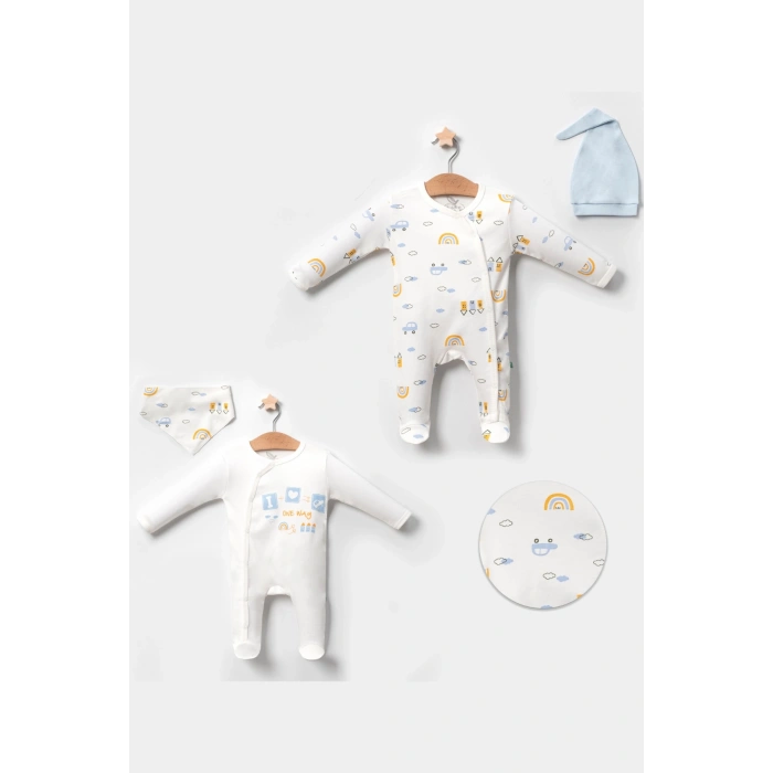 Araba Desenli Mavi 4lü Erkek Bebek Tulumu