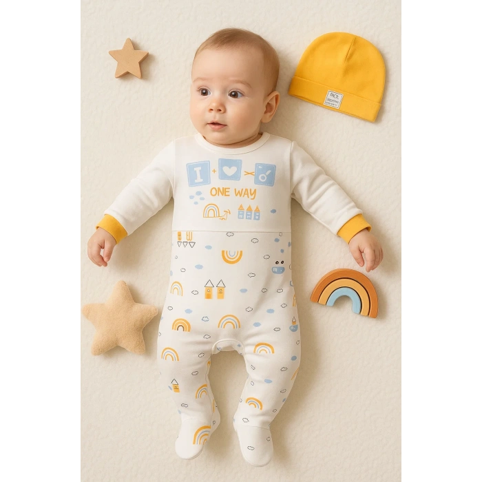 Araba Desenli Sarı 2li Şapkalı Erkek Bebek Tulumu