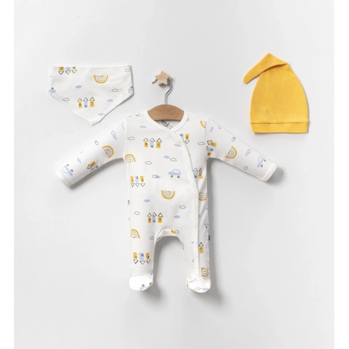 Araba Desenli Sarı 4lü Erkek Bebek Tulumu