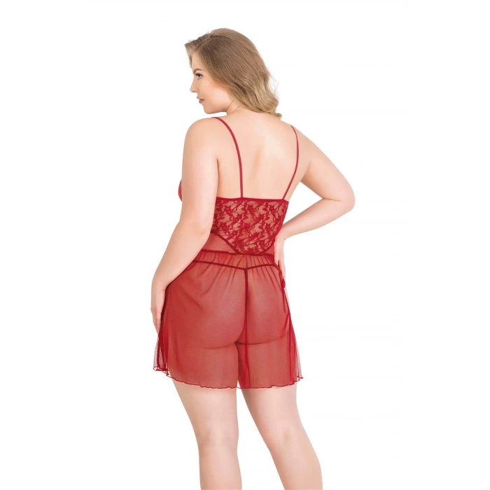 MARSiLYAN- Büyük Beden Kırmızı Kısa Tül Gecelik