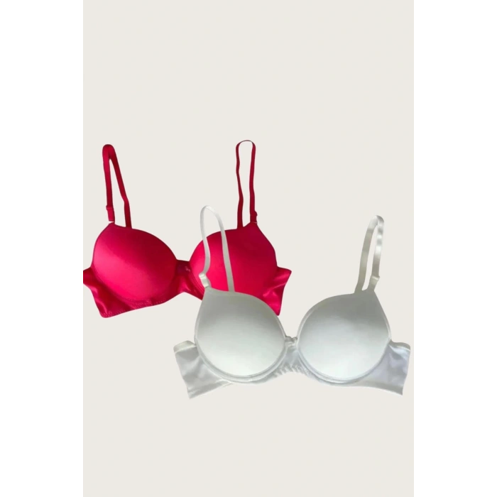 MARSiLYAN- Kırmızı-Beyaz 2li Mikro Kumaş Push Up Dolgulu Balenli Günlük Destekli Sütyen