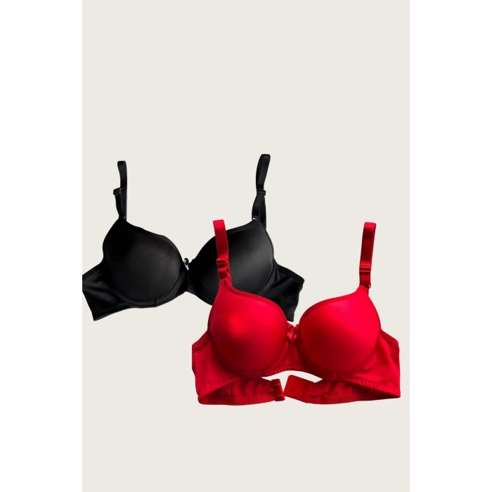 MARSiLYAN- Siyah-Kırmızı 2li Mikro Kumaş İçi Boş Balenli Günlük Desteksiz Sütyen