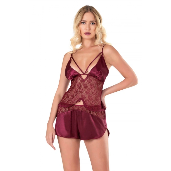 MARSİLYAN-Bordo Saten Babydoll Şort Takımı