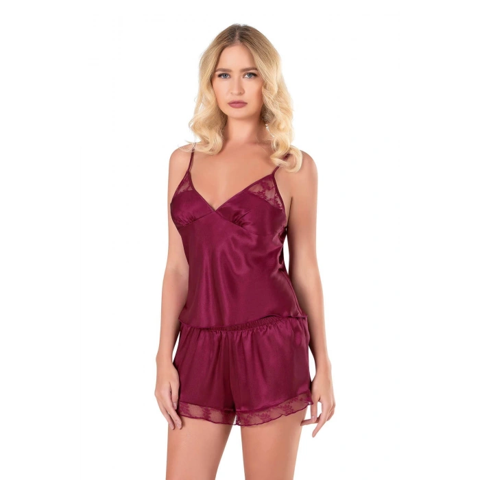 Bordo Saten Babydoll Şort Takımı