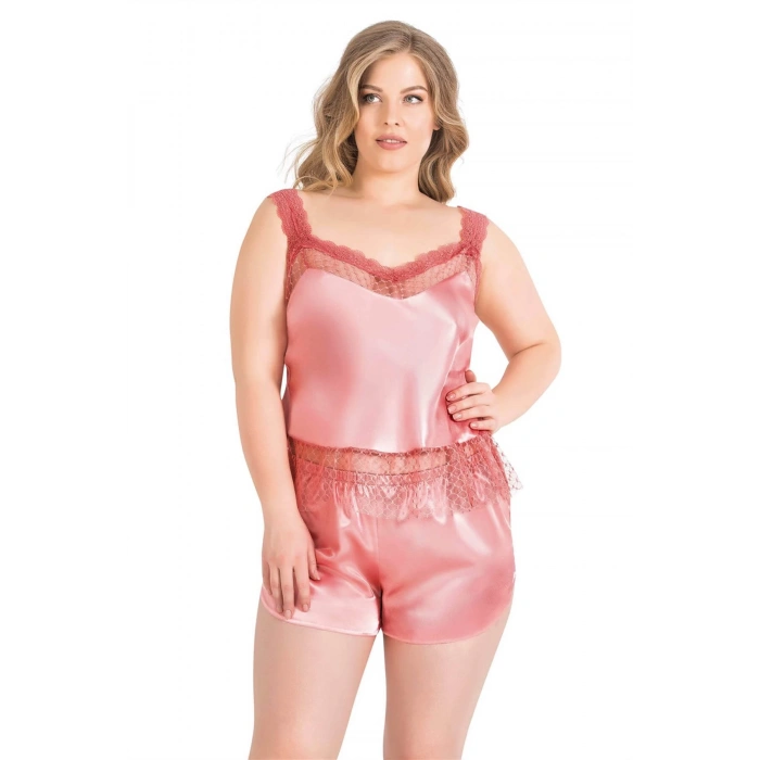 MARSİLYAN-Büyük Beden Mercan Saten Babydoll Şort Takımı
